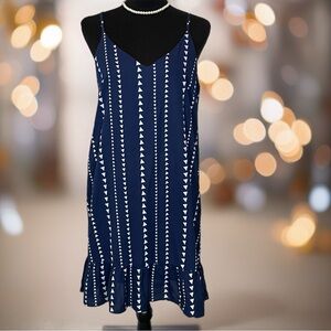 She + Sky Navy Print Ruffle Hem Adjustable Strap Halter Style Dress Size L